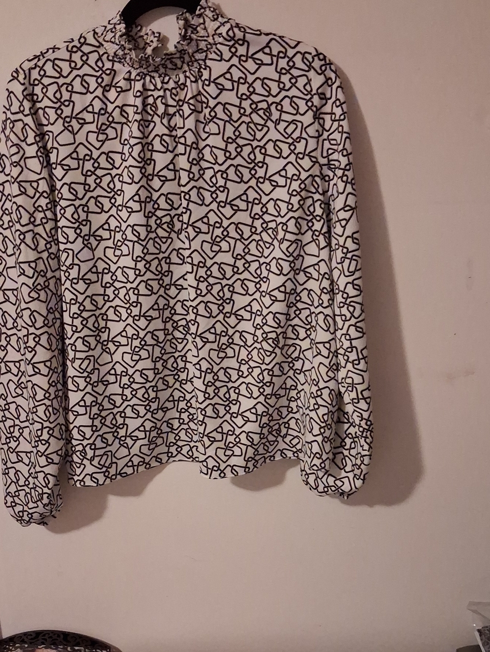 Rafaella Black & White Scribble Print Ruffle Mock Neck Blouse